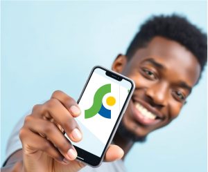 Man holding a mobile phone with App